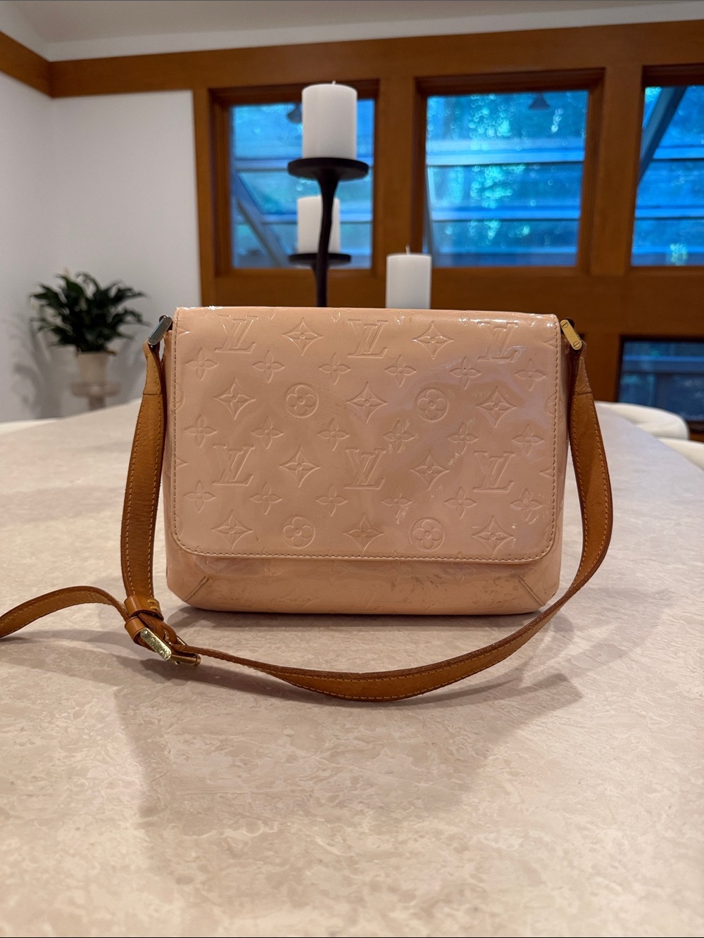 Louis Vuitton Vernis Embossed Shoulder Bag in Blush Pink with Tan Strap